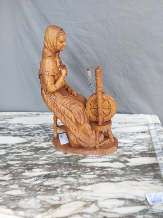 CARVED WOOD SPINNING WHEEL LADY