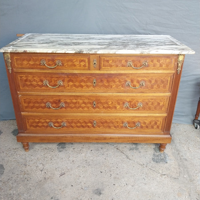 INLAID PARQUETRY FRENCH DRESSER CHEST WITH MARBLE TOP