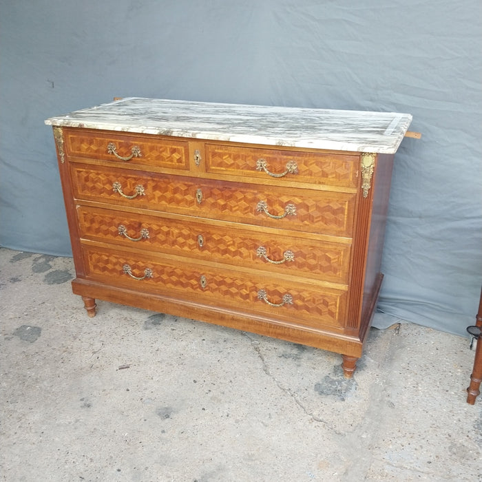 INLAID PARQUETRY FRENCH DRESSER CHEST WITH MARBLE TOP