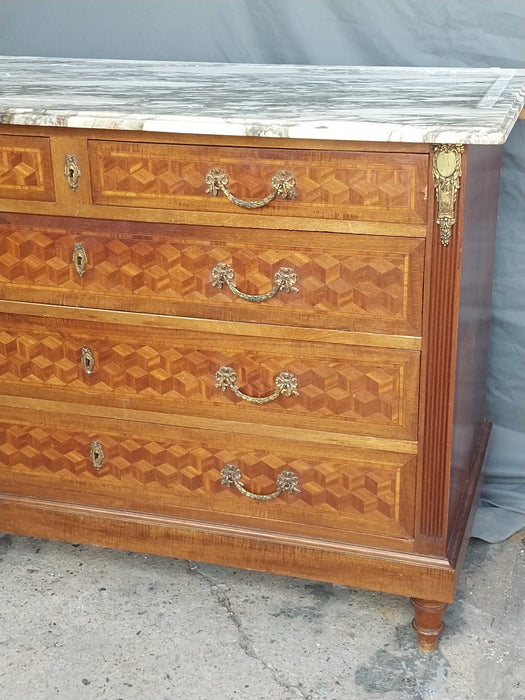 INLAID PARQUETRY FRENCH DRESSER CHEST WITH MARBLE TOP