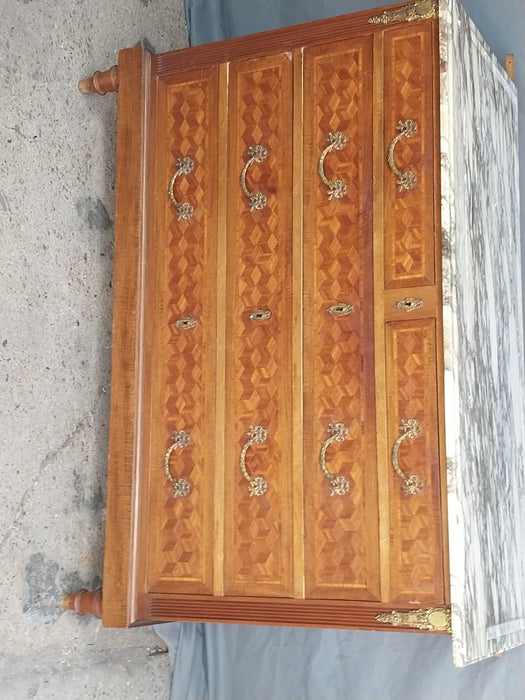 INLAID PARQUETRY FRENCH DRESSER CHEST WITH MARBLE TOP