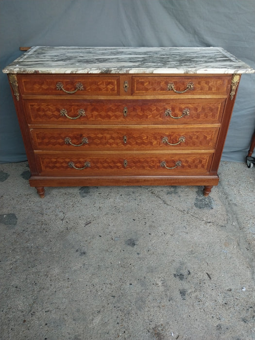 INLAID PARQUETRY FRENCH DRESSER CHEST WITH MARBLE TOP