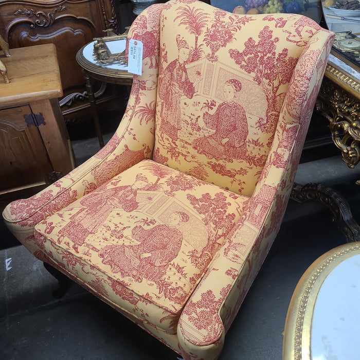 QUEEN ANNE ARMCHAIR WITH THIBAUT ORIENTAL MOTIF  UPHOLSTERY