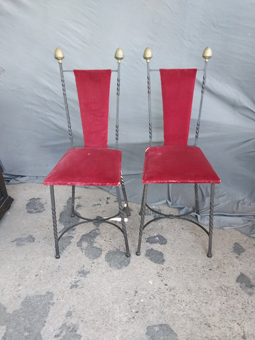 PAIR OF VINTAGE PETITE IRON CHAIRS WITH BRASS FINIALS