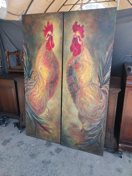 PAIR OF TALL ROOSTER OIL PAINTINGS