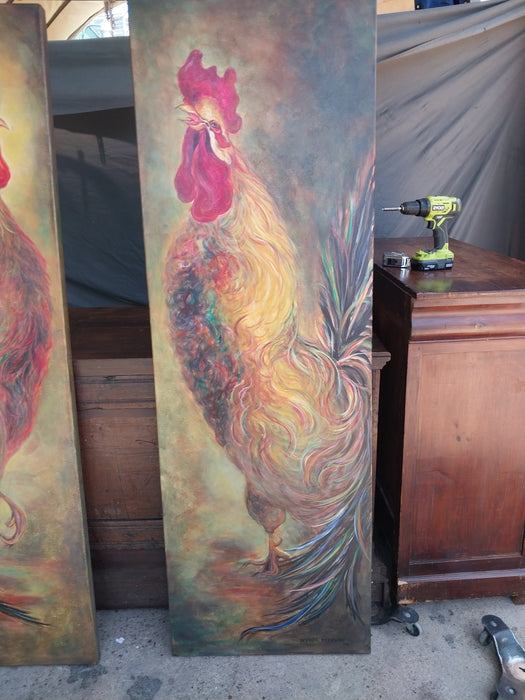 PAIR OF TALL ROOSTER OIL PAINTINGS