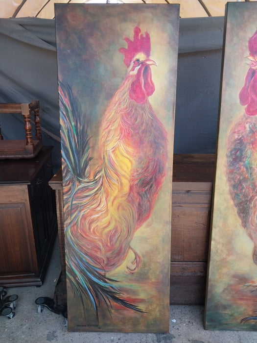 PAIR OF TALL ROOSTER OIL PAINTINGS