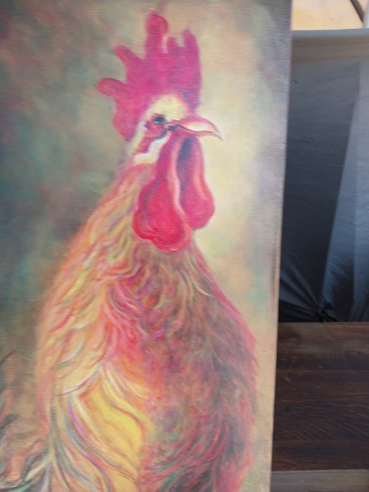 PAIR OF TALL ROOSTER OIL PAINTINGS