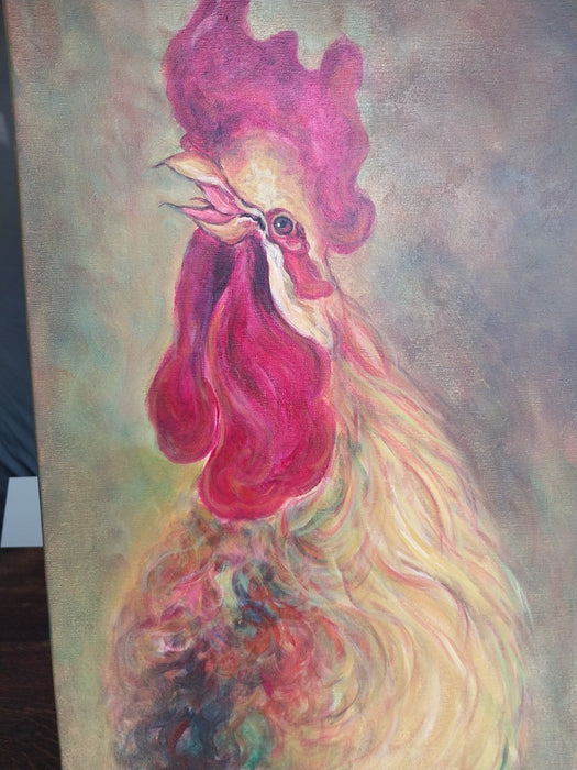 PAIR OF TALL ROOSTER OIL PAINTINGS