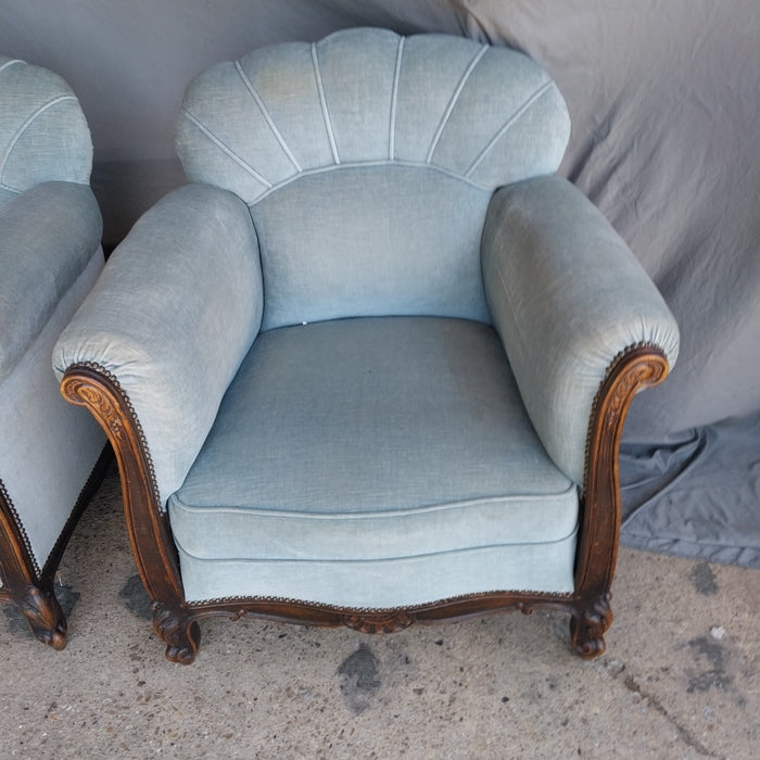 PAIR OF BLUE UPHOLSTERED LOUIS XV STYLE  CLUB CHAIRS
