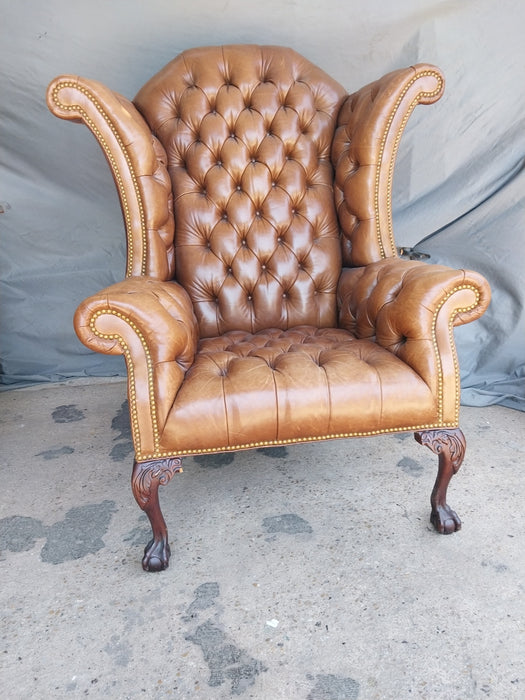 GIANT TUFTED CHESTERFIELD LEATHER WINGBACK CHAIR