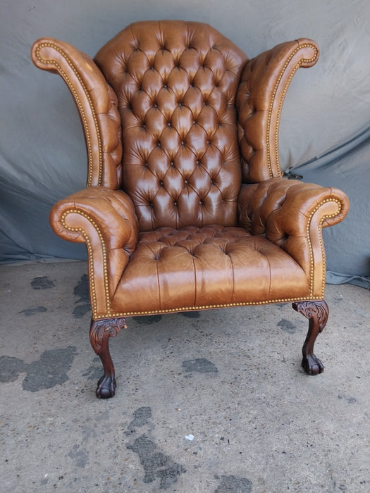 GIANT TUFTED CHESTERFIELD LEATHER WINGBACK CHAIR