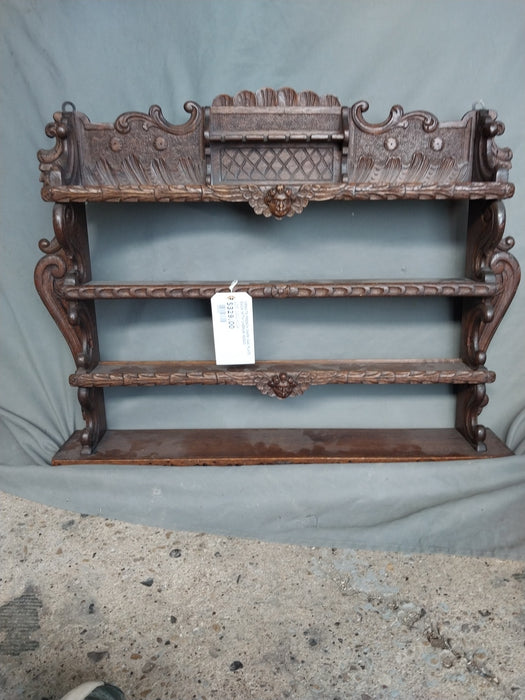 ORNATE FRENCH DARK OAK PLATE RACK WITH CHERUB HEADS