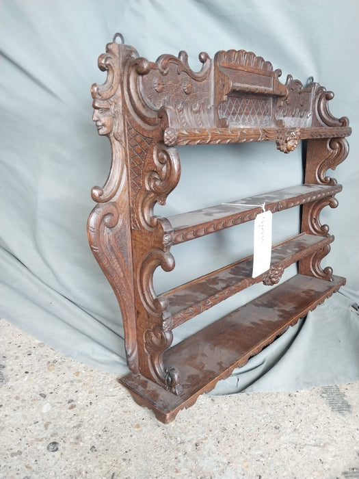 ORNATE FRENCH DARK OAK PLATE RACK WITH CHERUB HEADS