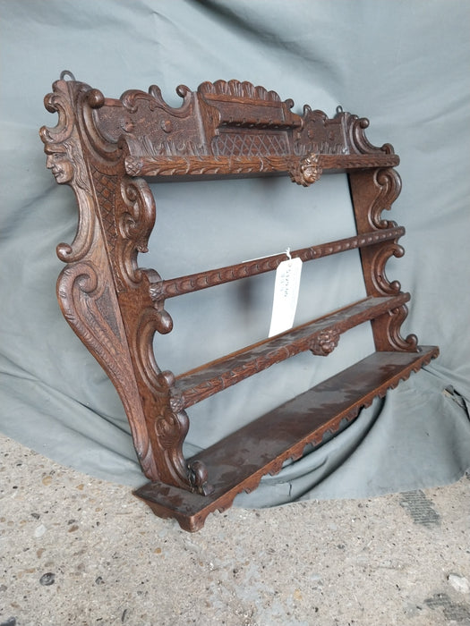 ORNATE FRENCH DARK OAK PLATE RACK WITH CHERUB HEADS