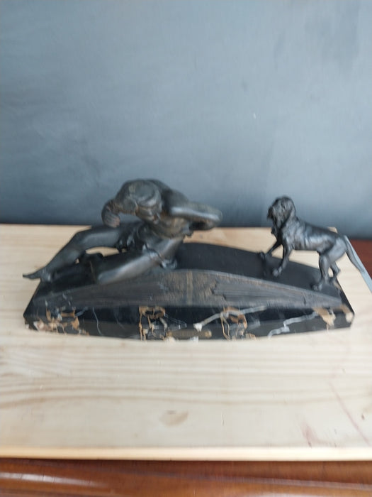 SPELTER ART DECO FIGURE WITH DOG ON MARBLE