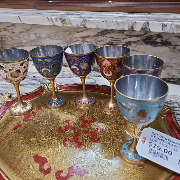 SET OF 6 ENAMELED BRASS STEMED GLASSES