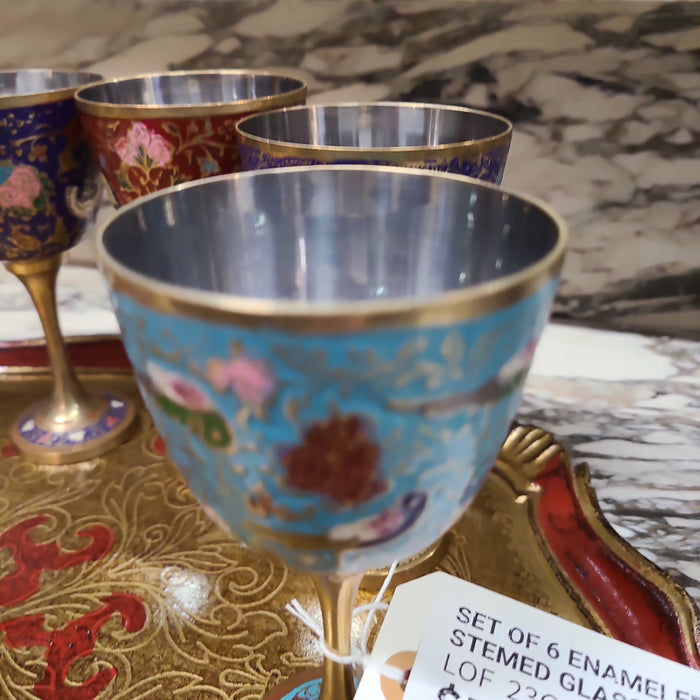 SET OF 6 ENAMELED BRASS STEMED GLASSES