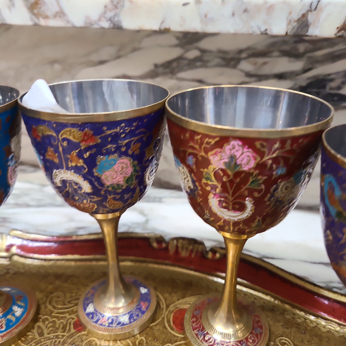 SET OF 6 ENAMELED BRASS STEMED GLASSES