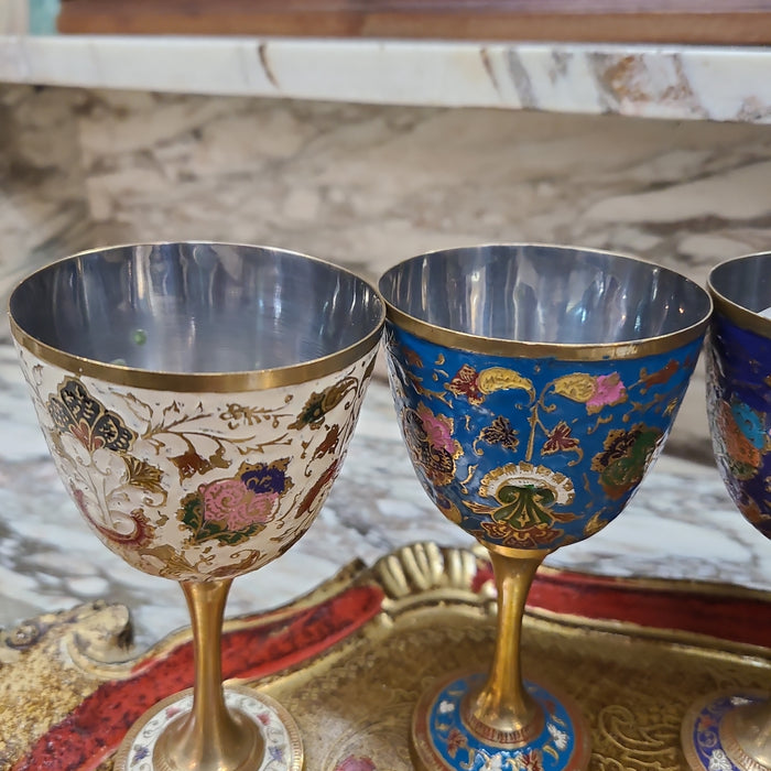 SET OF 6 ENAMELED BRASS STEMED GLASSES