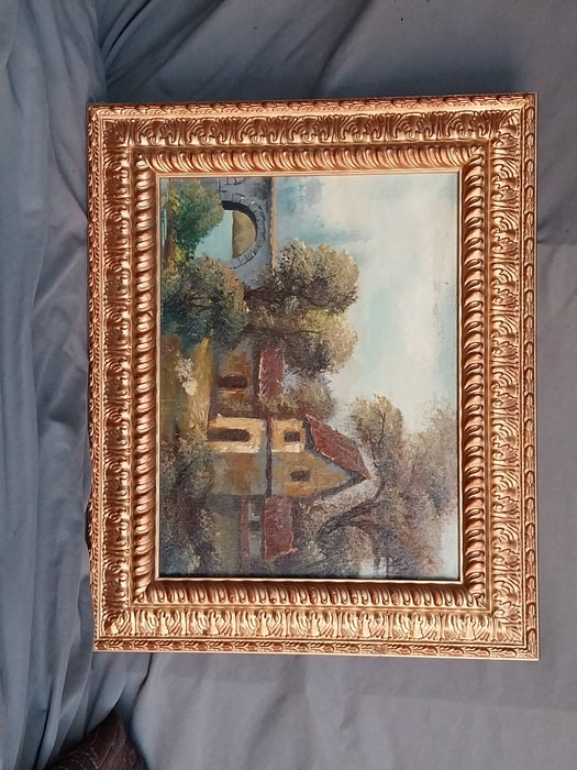 SMALL ORNATE FRAMED COTTAGE OIL PAINTING WITH BRIDGE