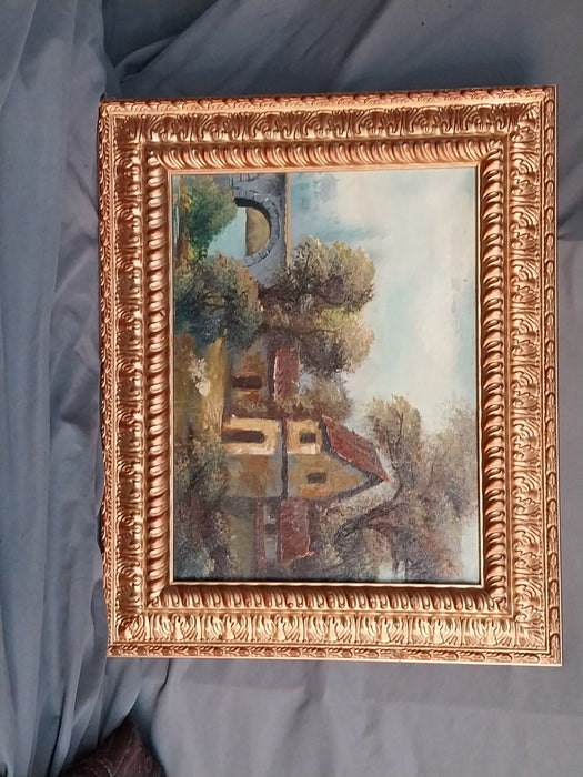 SMALL ORNATE FRAMED COTTAGE OIL PAINTING WITH BRIDGE