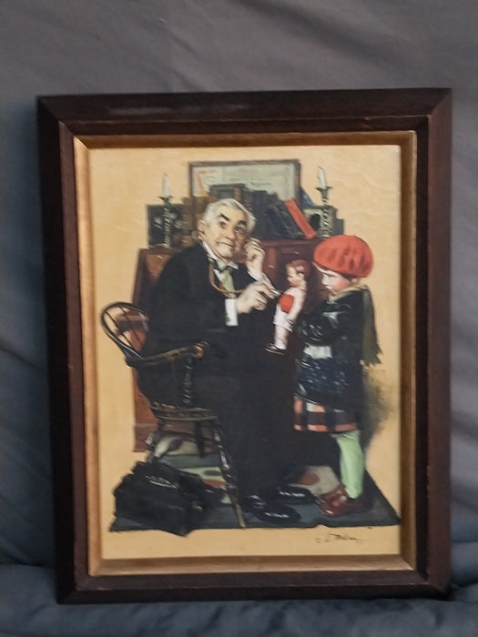 OIL PAINTING COPY OF NORMAN ROCKWELL DOCTOR AND GIRL WITH DOLL