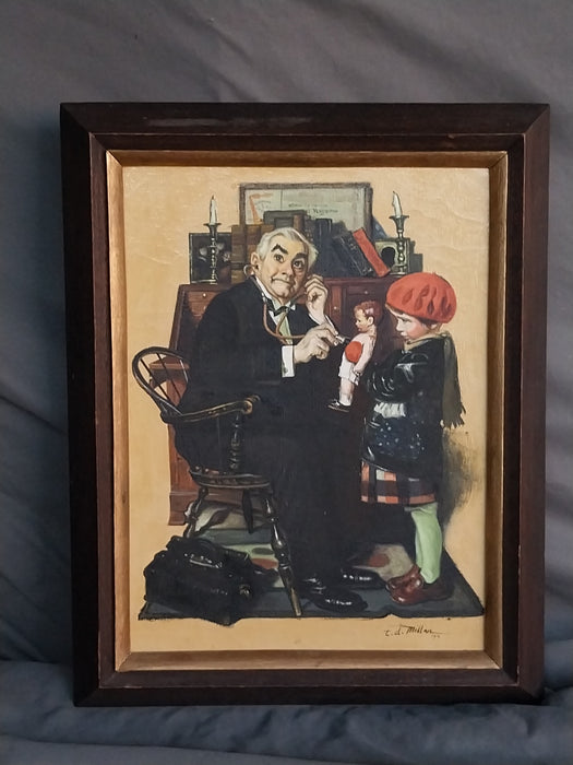 OIL PAINTING COPY OF NORMAN ROCKWELL DOCTOR AND GIRL WITH DOLL
