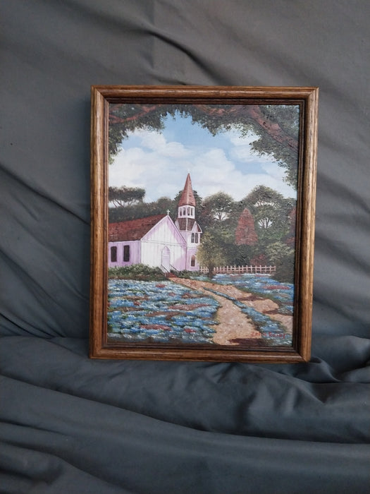 SMALL FRAMED OIL PAINTING OF CHURCH WITH BLUEBONNETS