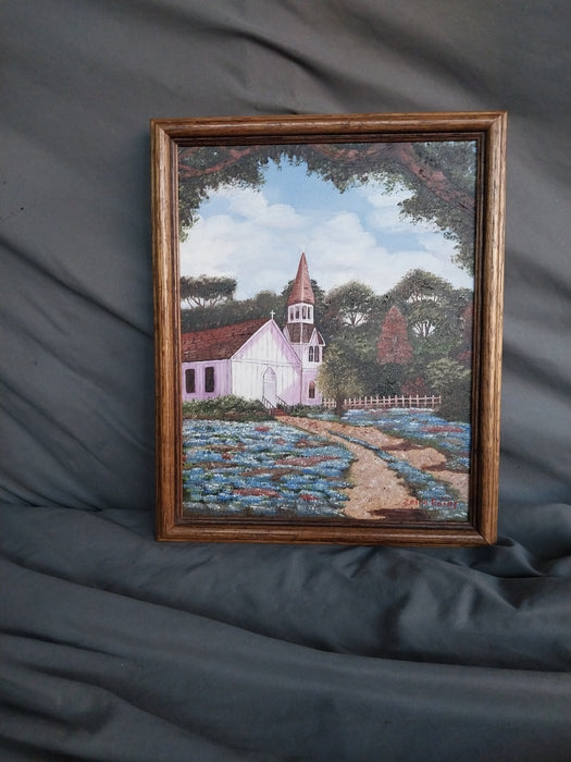 SMALL FRAMED OIL PAINTING OF CHURCH WITH BLUEBONNETS
