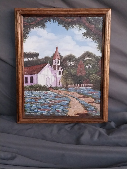 SMALL FRAMED OIL PAINTING OF CHURCH WITH BLUEBONNETS