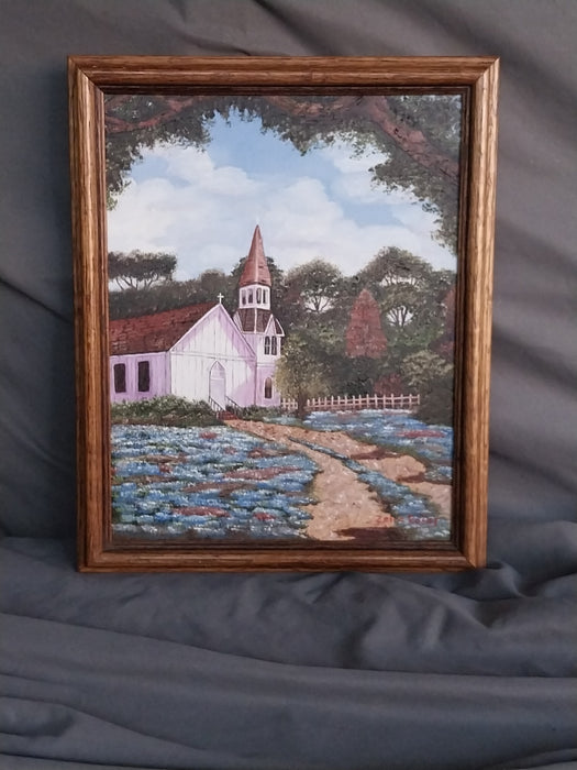SMALL FRAMED OIL PAINTING OF CHURCH WITH BLUEBONNETS