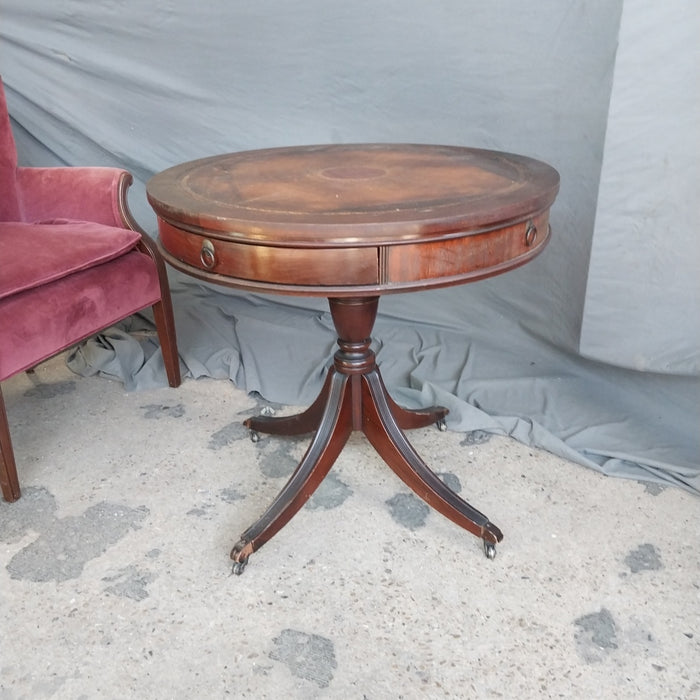 LEATHER TOP DRUM TABLE- AS FOUND