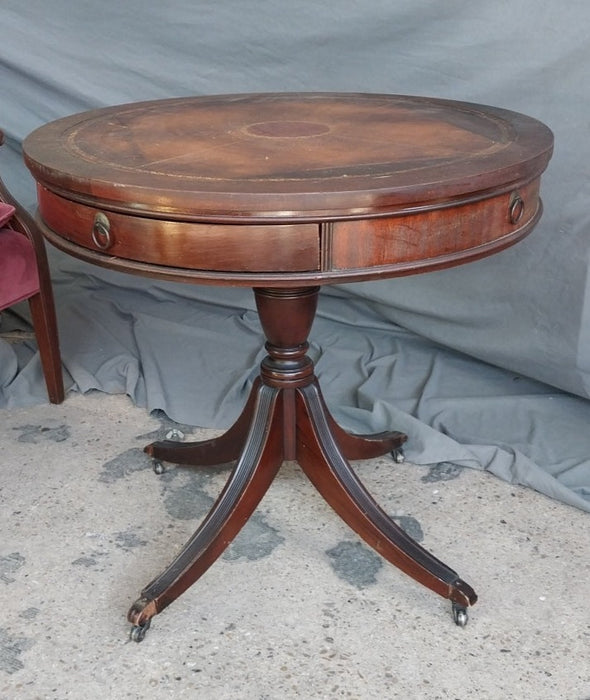 LEATHER TOP DRUM TABLE- AS FOUND