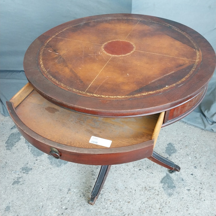 LEATHER TOP DRUM TABLE- AS FOUND
