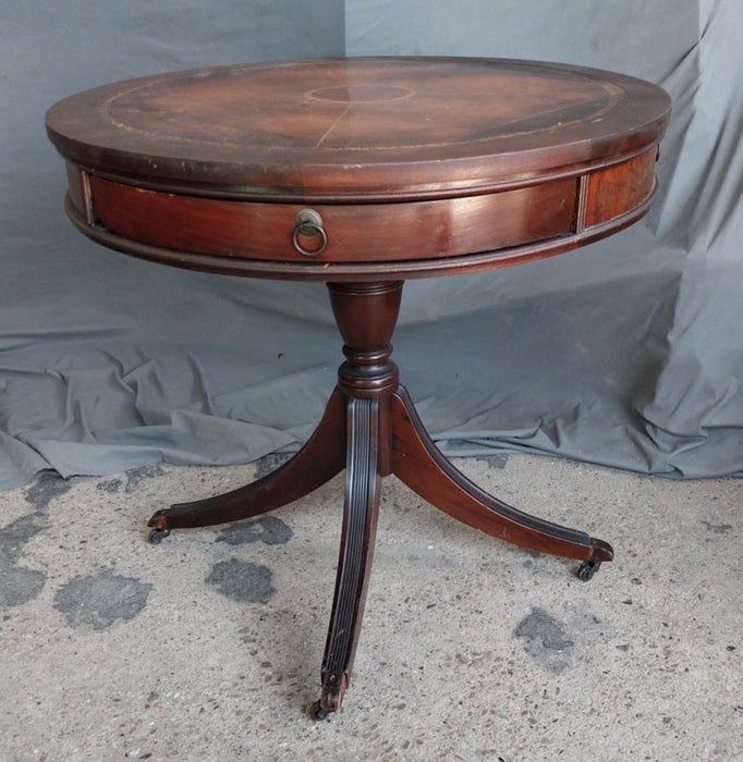 LEATHER TOP DRUM TABLE- AS FOUND