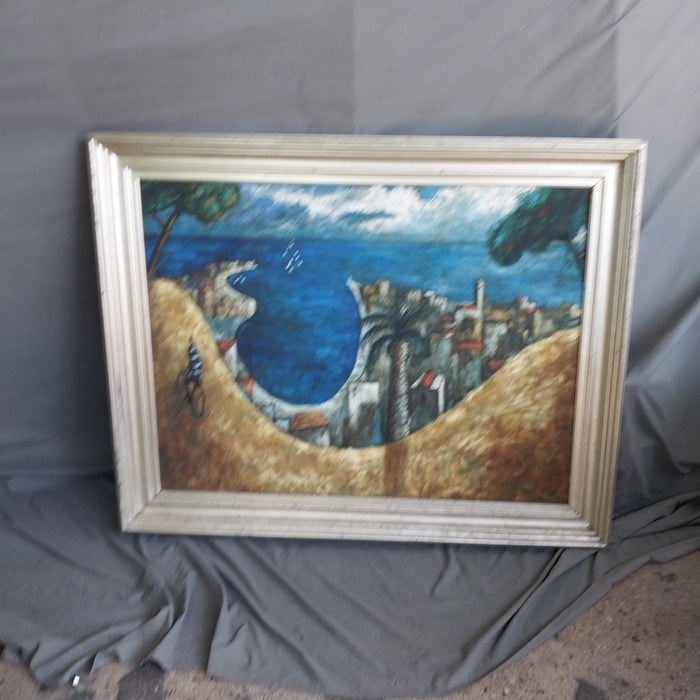 LARGE FRAMED IMPESSIONIST BEACH OIL PAINTING