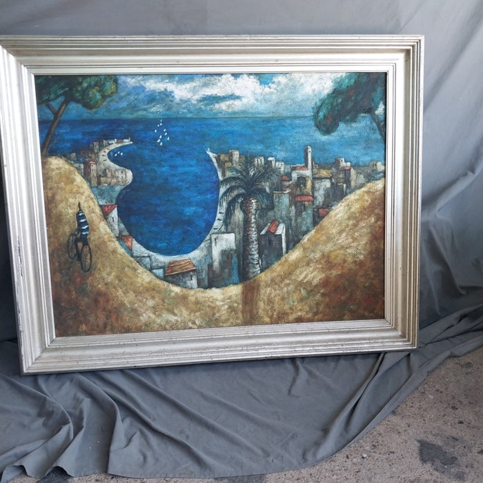 LARGE FRAMED IMPESSIONIST BEACH OIL PAINTING