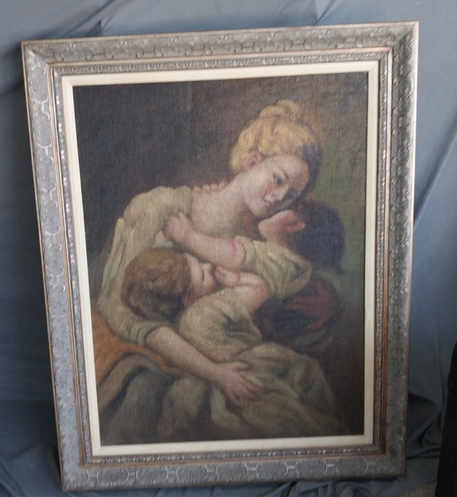 LARGE FRAMED OIL PAINTING OF LADY AND CHILDREN