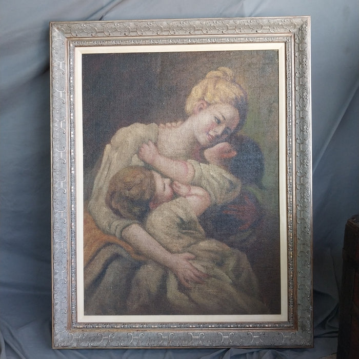 LARGE FRAMED OIL PAINTING OF LADY AND CHILDREN