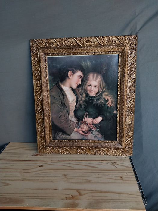 FRAMED VICTORIAN LITHOGRAPH OF BOY AND GIRL