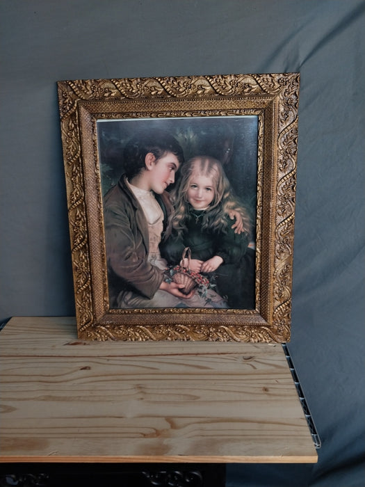 FRAMED VICTORIAN LITHOGRAPH OF BOY AND GIRL