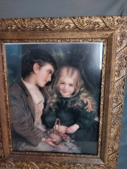 FRAMED VICTORIAN LITHOGRAPH OF BOY AND GIRL