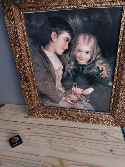 FRAMED VICTORIAN LITHOGRAPH OF BOY AND GIRL