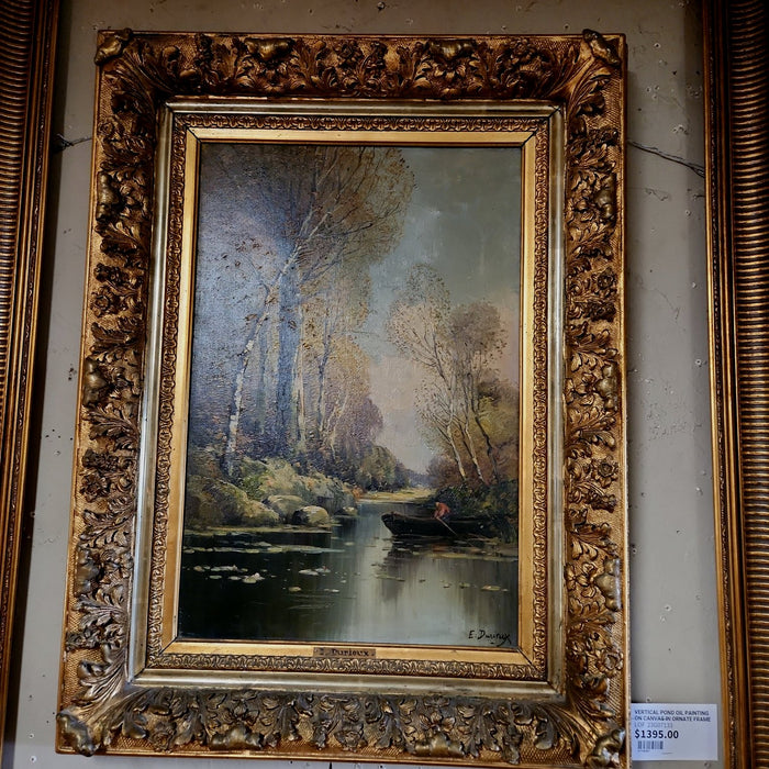 VERTICAL POND OIL PAINTING ON CANVAS IN ORNATE FRAME