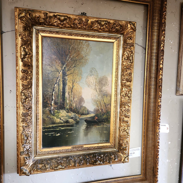 VERTICAL POND OIL PAINTING ON CANVAS IN ORNATE FRAME