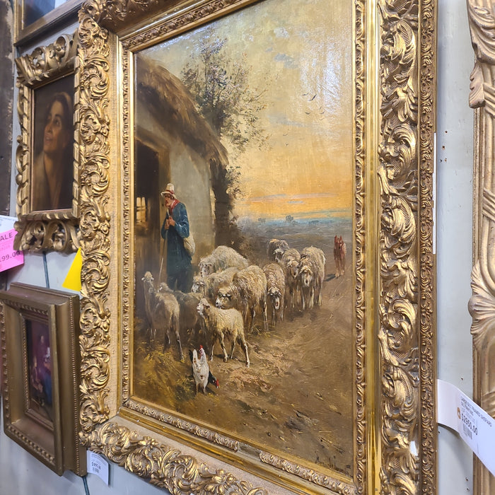 LARGE GILT FRAMED SHEPARD OIL PAINTING