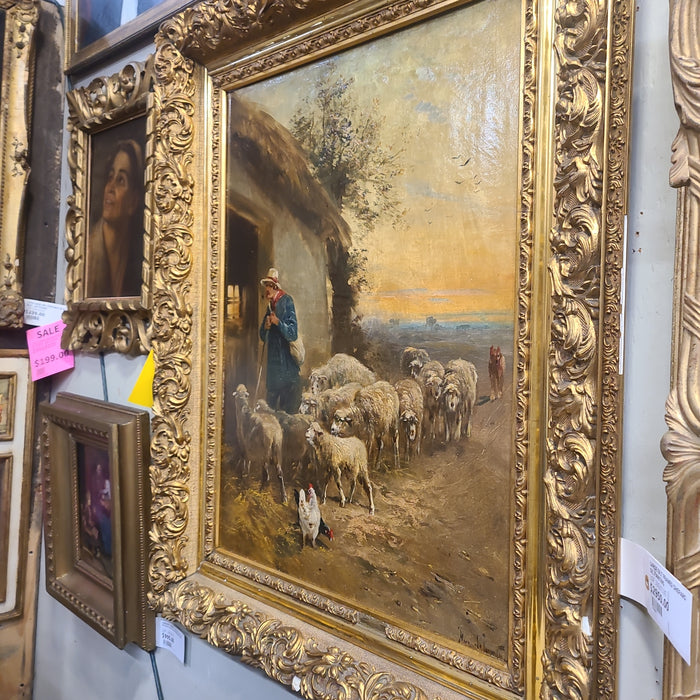 LARGE GILT FRAMED SHEPARD OIL PAINTING