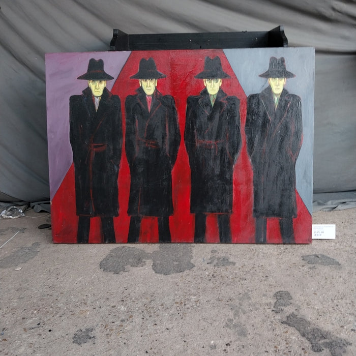 UNFRAMED OIL PAINTING OF 4 MEN IN BLACK