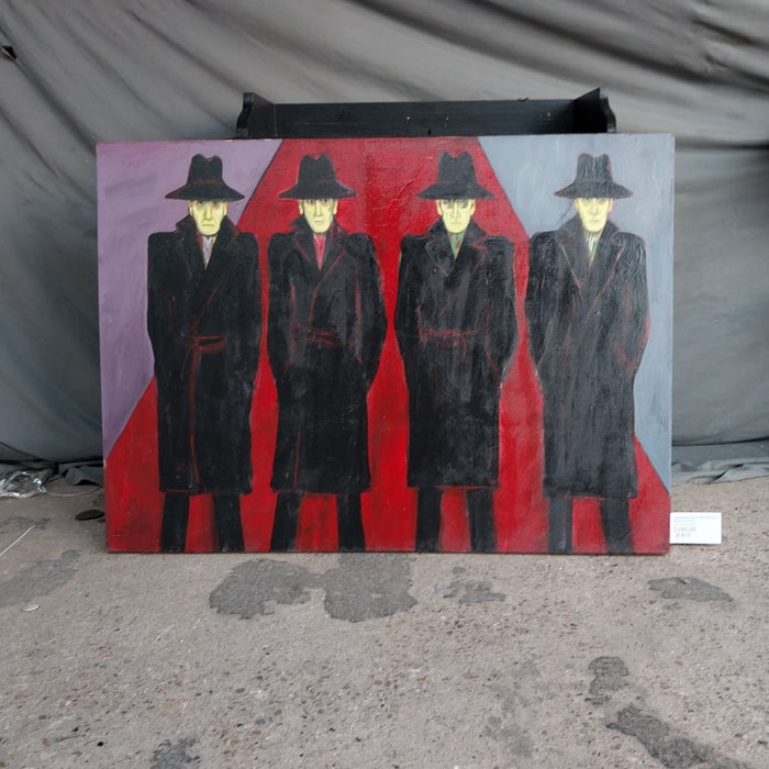 UNFRAMED OIL PAINTING OF 4 MEN IN BLACK